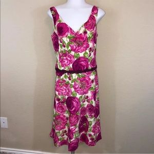 Tessuto White Pink Magenta Floral Silk Midi Dress